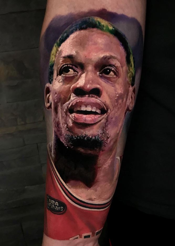 Tattoo uploaded by Gokcay Gokce • Dennis Rodman S O M E T H I N G N E W . .  . . . . . . #tattoo #tattooart #tattooartist #coloredtattoo #newschool  #geometric #geometrictattoos #chicagobulls #chicago #dennisrodman  #basketball #basketballtattoo